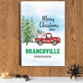 Christmas Red Truck Canvas Wall Art 2020 - Canvas Gift for Family with Name City Branchville Indiana State - Modern Canvas Prints Framed Picture Artwork Home Decorations 16"x24"