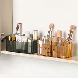 DASITON Make Up Cosmetic Organiser, Brush Organiser with 5 Compartments, Acrylic Cosmetic Storage with Large Capacity, Brush Holder, Dressing Table Organiser for Brushes, Lipstick and Skincare (Green)