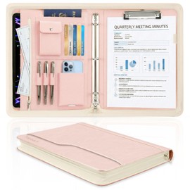 Zippered Padfolio with 3-Ring Binder & Clipboard, PU Leather Portfolio Organizer for Men Women, A4 Document Holder with Phone Pocket Pen Loops Card Slots, Professional Business Folder Rose Gold