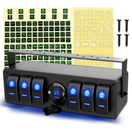 GOOACC 6 Gang Rocker Switch Box 12V SPST ON Off Switch QC 3.0 USB Charger Voltmeter Waterproof Aluminum Rocker Switch Panel Night Glow Stickers for Boats Cars RVs Trucks, 2 Years Warranty