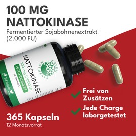 Nattokinase 20,000 FU/g - 100 mg per capsule - 1 year supply (365 capsules) - fermented soybean extract - pharmacy quality - Green Naturals®