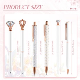 Qeeenar 6 Pcs Ballpoint Pens Set Metal Crystal Diamond Pen for Journaling Glitter Pretty Cute Stationery Black Ink Fancy Gifts for Women Girls Teacher Office Wedding School Supplies(White)