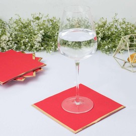 Tableclothsfactory 50 Pack | 2 Ply Soft Red with Gold Foil Edge Party Paper Napkins, Dinner Cocktail Beverage Napkins