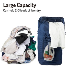 Laundry Bag Backpack, Large Laundry Bag with Detergent Holder and Adjustable Shoulder Straps, Clothes Laundry Backpack for College, Travel, Apartment, Laundromat, Dorm Room (Blue)