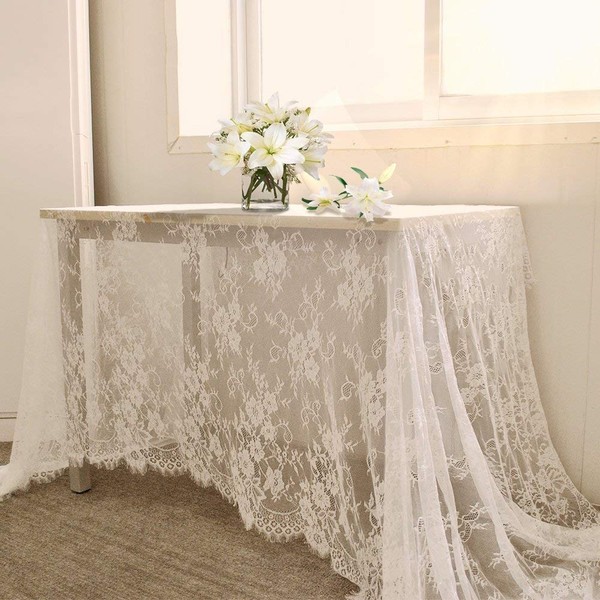B-COOL 2 Pieces Lace Tablecloth 60 x 120 Inch Wedding Rectangle Overlay for Tables Rustic Vintage White Table Cover