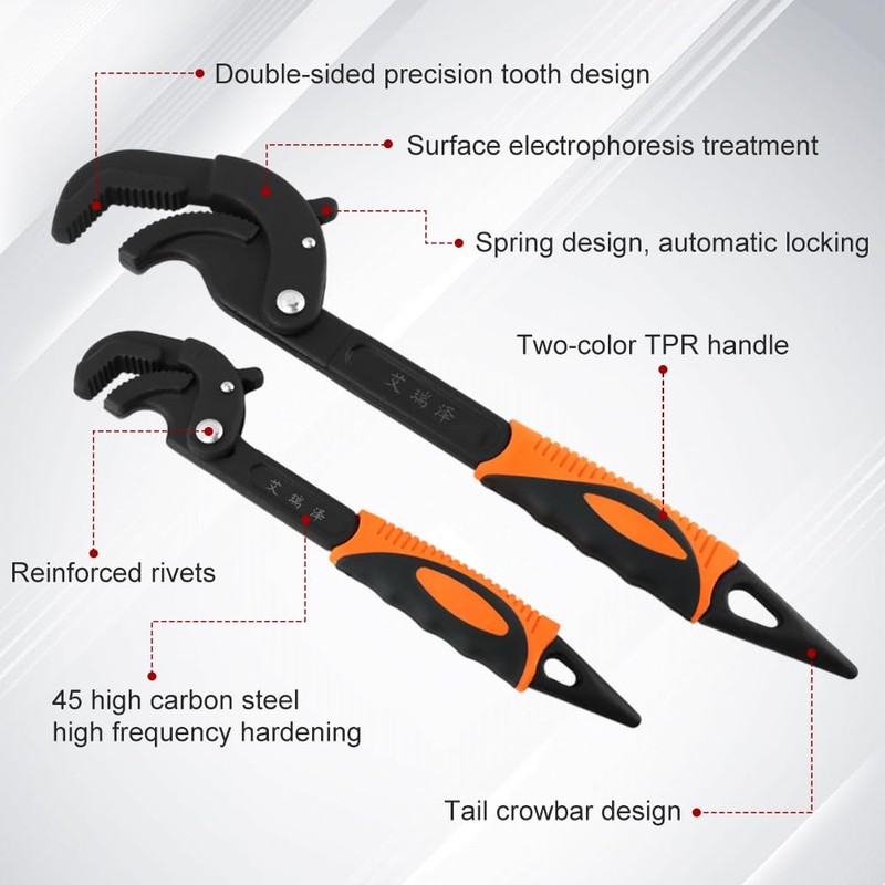 Kakalote 2pcs Pipe Wrench with 1pair Gloves,Self Adjusting Wrench Plumbing