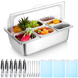 Tessco for you 16 Pcs Countertop Chilled Condiment Container Set with Lid, Stainless Steel Salad Cold Ice Food Spice Serving Display Caddy for Buffet Restaurant Kitchen Party(7 Compartments)