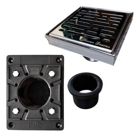 SereneDrains 304 Stainless Steel 4 Inch Square Polished Chrome Shower Drain Kit with Base Broken Lane for Tile Floor Drain Grate Cover Hair Catcher Trap (Polished Stainless Steel, Square PVC Plastic)