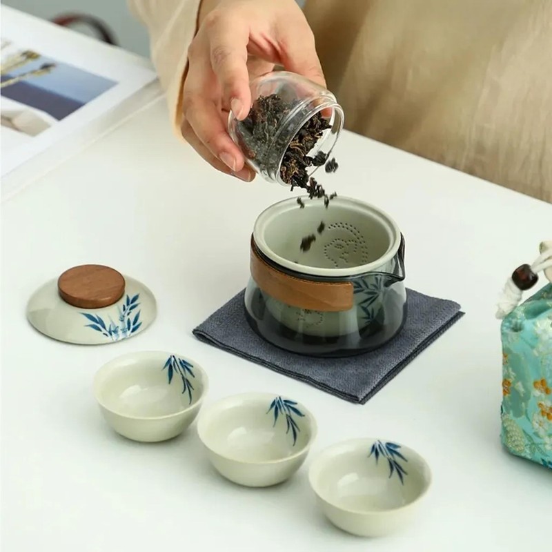 Floral-Themed Portable Tea Set, 1 Ceramic Teapot and 3 Mini
