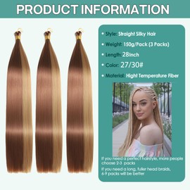 Locescsoc 28 Inch Bone Straight Braiding Hair 150g 3 Packs Straight Hair Extensions, Ariel Straight Ponytail Hair Bundles, Ombre Soft Synthetic Hair for Women (27/30, 28 Inch 3 Packs)