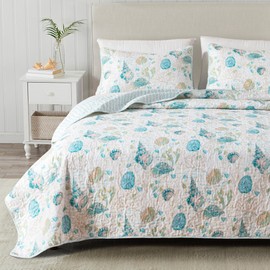 Full / Queen Coastal Quilt Bedding Set, Summer Coastal Quilt with Shams, Beach 3-Piece Reversible All Season Bedspread Quilt Set. Lightweight Nautical Quilted Coverlet. Westsands Collection,Blue/Taupe