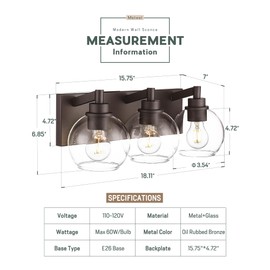 METWET Bathroom Light Fixtures Over Mirror, 3-Light Oil Rubbed Bronze Vanity Light with Clear Glass Globe Shade, Modern Sconces Wall Lighting, Bathroom Wall Lights for Bedroom Hallway, VL195-ORB-3