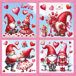 FYSUIMU 6 Sheet Valentine's Day Window Clings Watercolor Love Heart Gnome Reusable Window Decals for Home Classroom Office Window Decor