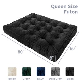 MAXYOYO 8" Futon Mattress Queen Size, Extra Thick Futons Sofa Couch Bed, Velvet Floor Mattress, Shredded Foam Filling (Frame Not Included), Black