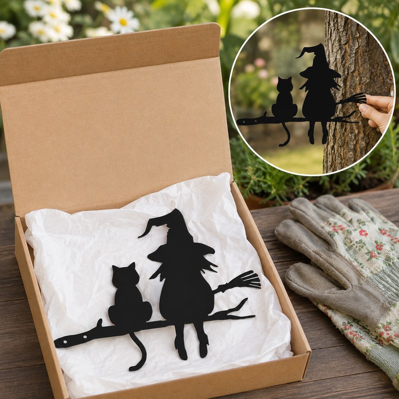 Iron Witch & Cat Garden Stake for Outdoor Decor –