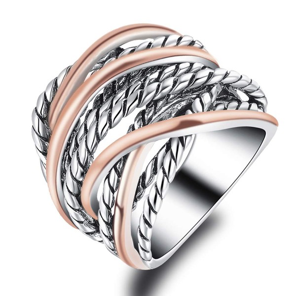 dnswez 2 Tone Intertwined Crossover Statement Antique Ring Fashion Chunky