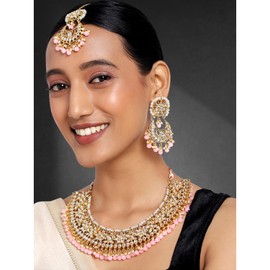 Aheli Wedding & Party Wear Faux Kundan Necklace Earrings with Maang Tikka Indian Traditional Bollywood Jewelry Set Gift for Women Pink