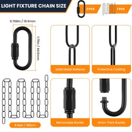 6 Feet Industrial Black Light Fixture Chain Kit with Ceiling Hook, Metal Lamp Pendant Chandelier Hanging Chain Extension with Detachable Link, Connection Locks for Lights, Plant/Flower/Fruit Basket