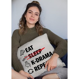 Make Your Mark Design Eat Sleep Kdrama Repeat, Korean Drama White Pillow Cover or Merchandise 20x20 in White Linen Throw Pillow Cover
