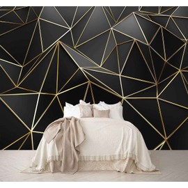Reyhui Black and Gold Wallpaper 3D Abstract Geometric Wall Mural for Bedroom Living Room TV Background Wall（Not Peel and Stick）