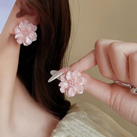 Boho Pearl Flower Earrings for Women Her,Camellia Floral Pearl Beads Blosson Stud Earrings,3D Resin Flower Earrings Wedding Holiday Jewelry Gifts (Flower)