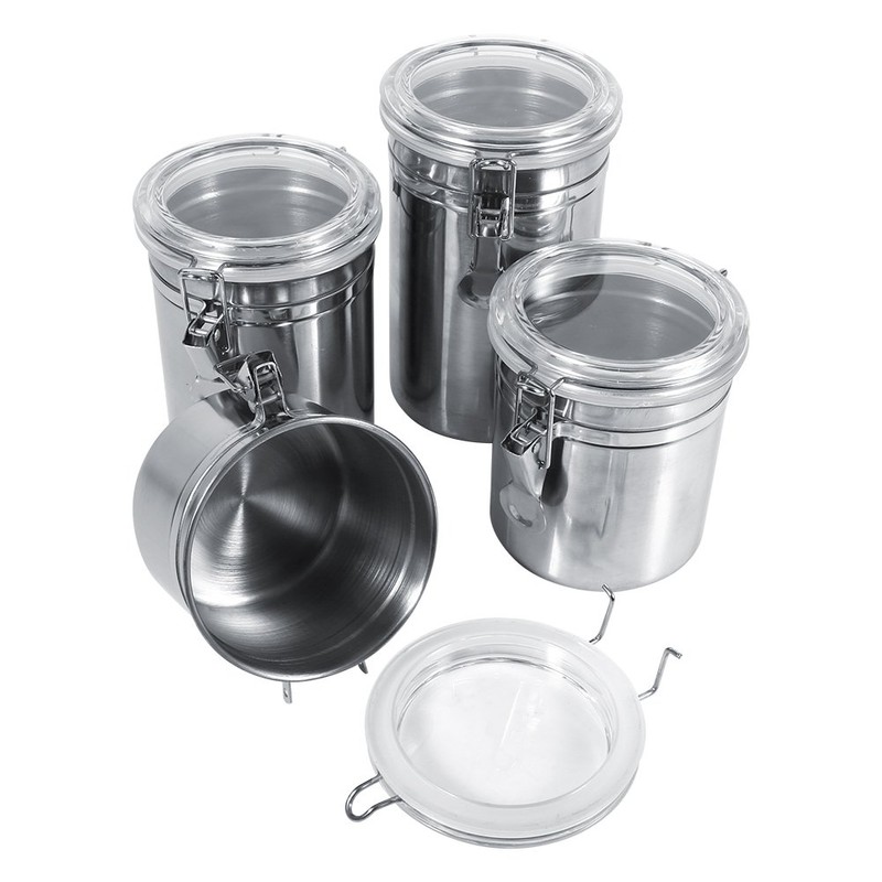 4pc Stainless Steel Canister Set with Clear Acrylic Lids &