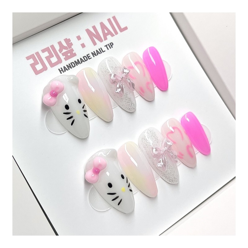 Adorable cat handmade nail tips - Coffin / 앙증맞은 고냥이