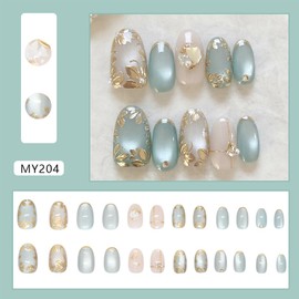 24Pcs Short Almond Press on Nails Gold Flower Fake Nails with 3D Pearl Designs Blue Gilding French False Nails Glossy Full Cover Glue on Nails Summer Acrylic Stick on Nails for Women Manicure Kit