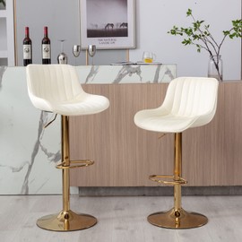 Homtique Gold Bar Stools Set of 2 Swivel Adjustable Counter Height Barstools Modern Velvet Bar Stool with Low-Back and Footrest for Kitchen Island Pub Dining Room (Beige)