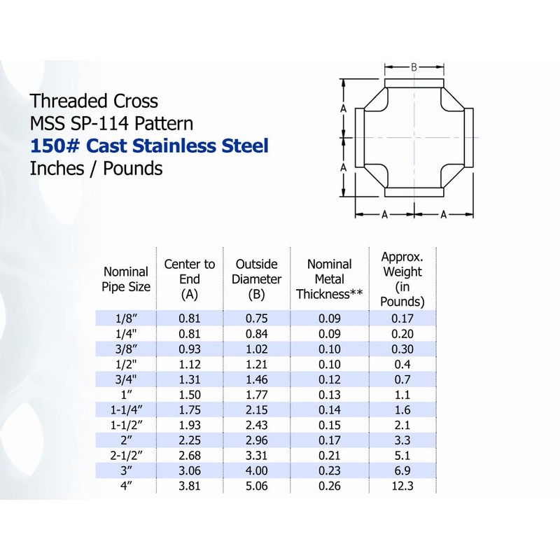 2" inch Cross 4 Way Pipe Fitting SP114 316 Stainless