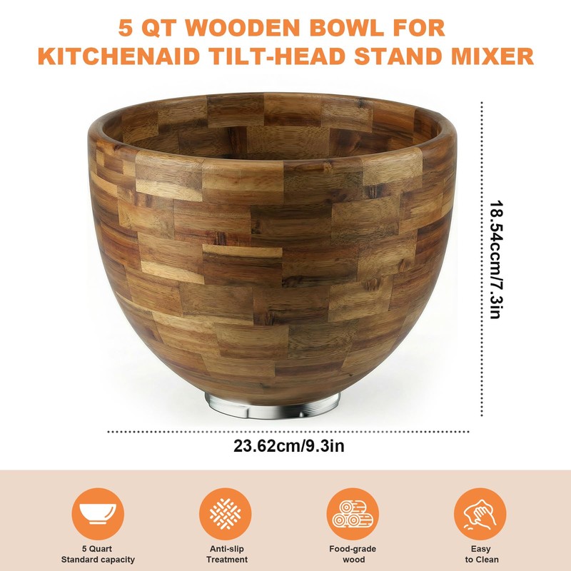 5 Qt Wood Mixing Bowl Compatible with KitchenAid Tilt-Head Stand