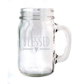 Blessed Typography Etched Glass 16 Ounce Mason Handled Jar Mug Glassware Gift