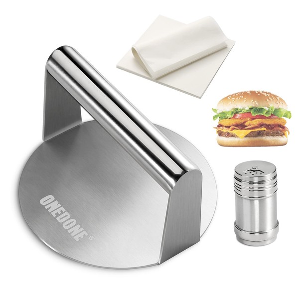 ONEDONE Burger Press Stainless Steel Smash Burger Press 5.5 inch Burger Smasher for Griddle w/Seasoning Shaker & 100 Patty Paper, Burger Iron Grill Press Griddle Accessories Kit Griddle Cooking