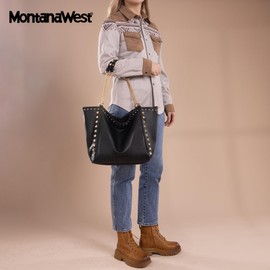 Montana West Oversized Tote Bag for Women Large Capacity Travel Purse Hobo Bag with Chain Handle and Rivets Decoration MWC-2751BK