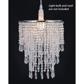 Waneway 3 Tiers Ceiling Chandelier Pendant Light Shade with Acrylic Jewel Droplets, Beaded Lampshade with Chrome Frame and Clear Beads, Diameter 8.7 inches, Clear