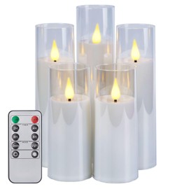 IMAGE 3D Flickering Flameless Battery Operated Pillar Candle with Remote and Timer, Acrylic Shell, Set of 5 for Wedding Christmas Home Decor (D2.3 in X H5 5 7 7 8 in), White