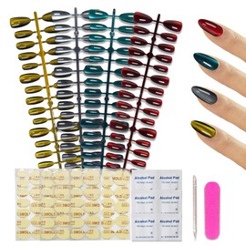 Press on Nails Almond,Vanpaga 4 Styles 120pcs Cat Eye Press on Nails Medium Almond,False Nails Glitter Artificial Acrylic Nails,Reusable Stick on Nails in 15 Sizes,Fake Nail Art kit for Women Gift