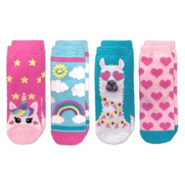 Jefferies Socks Girls Fuzzy Fashion Novelty Pattern Non Skid Slipper Socks 4 Pair Pack (X-Small, Unicorn/Llama)