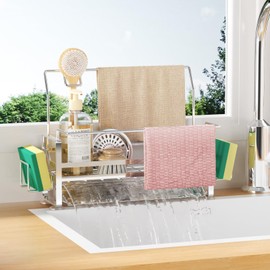 ENRUNEST Sponge Holder for Kitchen Sink, Sink Caddy with High Brush Holder, Kitchen Sink Organizer Countertop Rustproof 304 Stainless Steel, Soap Dispenser Kitchen Organizers and Storage,Chrome