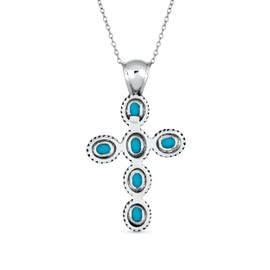 Southwestern Style Compressed Turquoise Rope Bezel Set Cross Pendant 925 Sterling Silver Necklace 18 In Chain 1.5 in