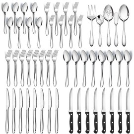 53-Piece Silverware Set with Steak Knives Serving Utensils, E-far Stainless Steel Flatware Cutlery Set for 8, Modern Tableware Eating Utensils for Restaurant Kitchen, Mirror Polished, Dishwasher Safe