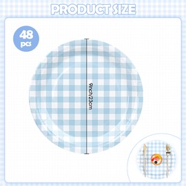 Houuqe 48Pcs Gingham Party Supplies Blue Paper Plates 9 inches Disposable Plaid Decorative Dinner Dessert Serving Plates for Baby Shower Wedding Birthday Party