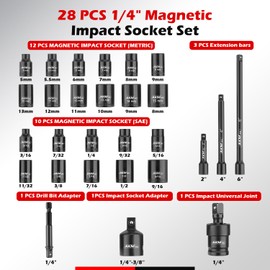 AKM TOOL 1/4 Inch Drive Magnetic Impact Socket Set, 28-Piece SAE/Metric, 1/4 Inch-9/16 Inch, 5mm-15mm, 6 Point, Cr-Mo, Square Drive, with Impact Socket Adapter, Universal Joint & Extension
