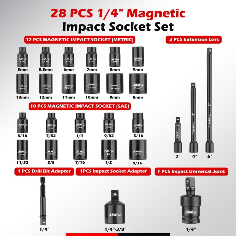 AKM TOOL 1/4 Inch Drive Magnetic Impact Socket Set, 28-Piece