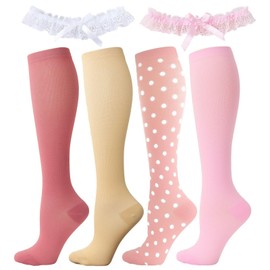 4 Pairs of Women's Socks and 2 Pieces of Leg Rings, Elastic Socks, Sports Compression Socks, Suitable for Cycling, Fitness, Skipping, Running