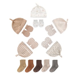 Ruliby Newborn Baby Boy Hats Mittens and Socks Set Hospital Beanie Caps Infant Cotton No Scratch Gloves 0-6 Months