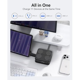 ORICO Regleta Multicontacto de Viaje con Enchufe Plano, Extensión Eléctrica de 1.5 m, 8 Salidas + 3 Puertos USB (1 USB-C), Estación de Carga Portátil 