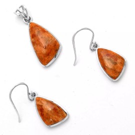DESIRE GEM Natural Red Sponge Coral 925 Sterling Silver Pendant Earrings Jewelry Set T-1002