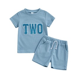 HZPHQY 2T Toddler Baby Boy Girl 2nd Birthday Outfit Two Print T Shirt Shorts Summer Waffle Clothes