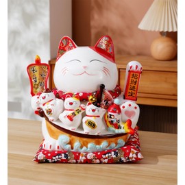 Large Ceramic Maneki Neko Beckoning Lucky Money Cat Waving Arm Good Feng Shui Fortune Happy Smiling Cat Figure 特大招財貓- 生意兴隆